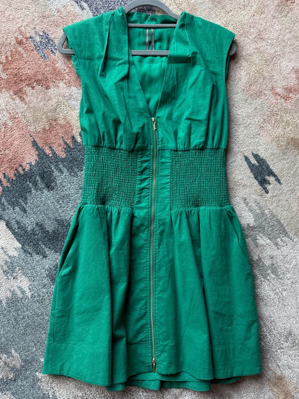 Tommie Cap-Sleeve Linen Smocked Front-Zip Mini Shirtdress
